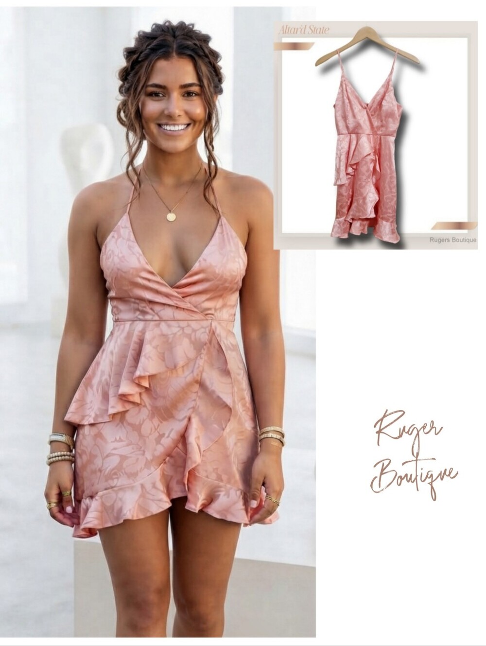 🌿Altar'd State Women's Small Peachy Pink Mini Ruffle Dress